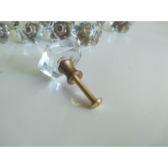 Vintage Cut Glass Drawer Pulls 1 1/4" Hexagonal Brass Inserts (lot of 11) - Picture 5 of 13